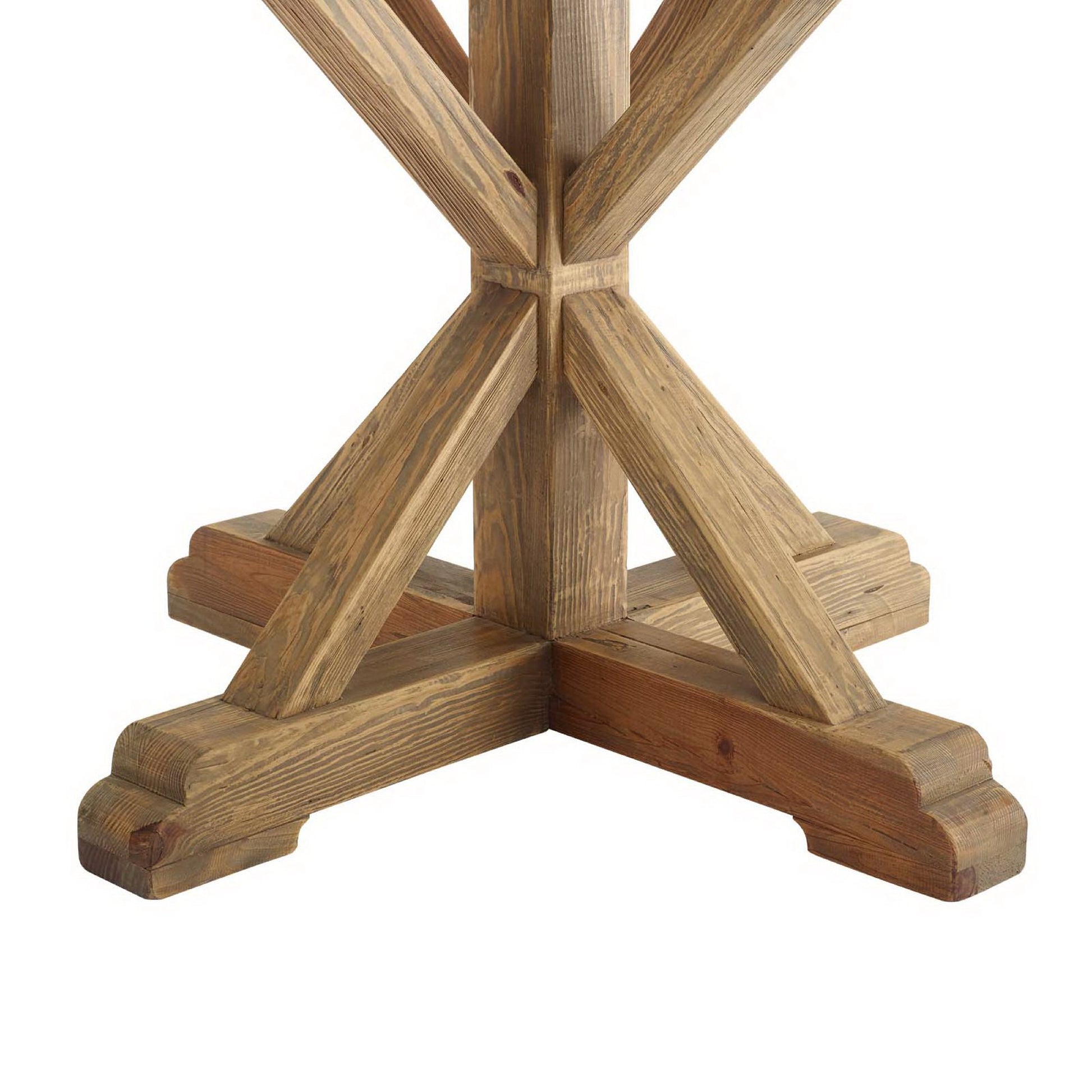 Rustic brown pine wood table base with cross-brace X-shaped supports and four wide feet.