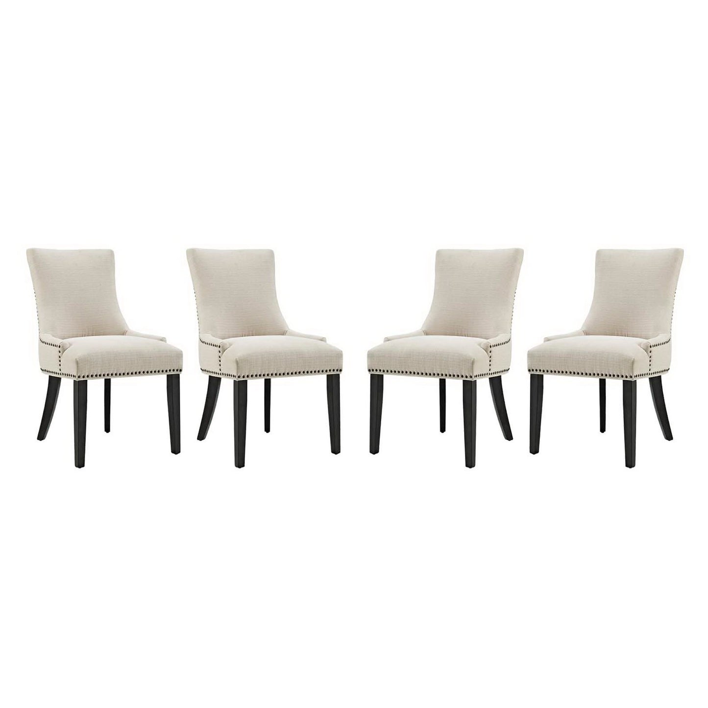Set of four brown upholstered dining chairs with curved backs, nailhead trim, and dark wood tapered legs.
