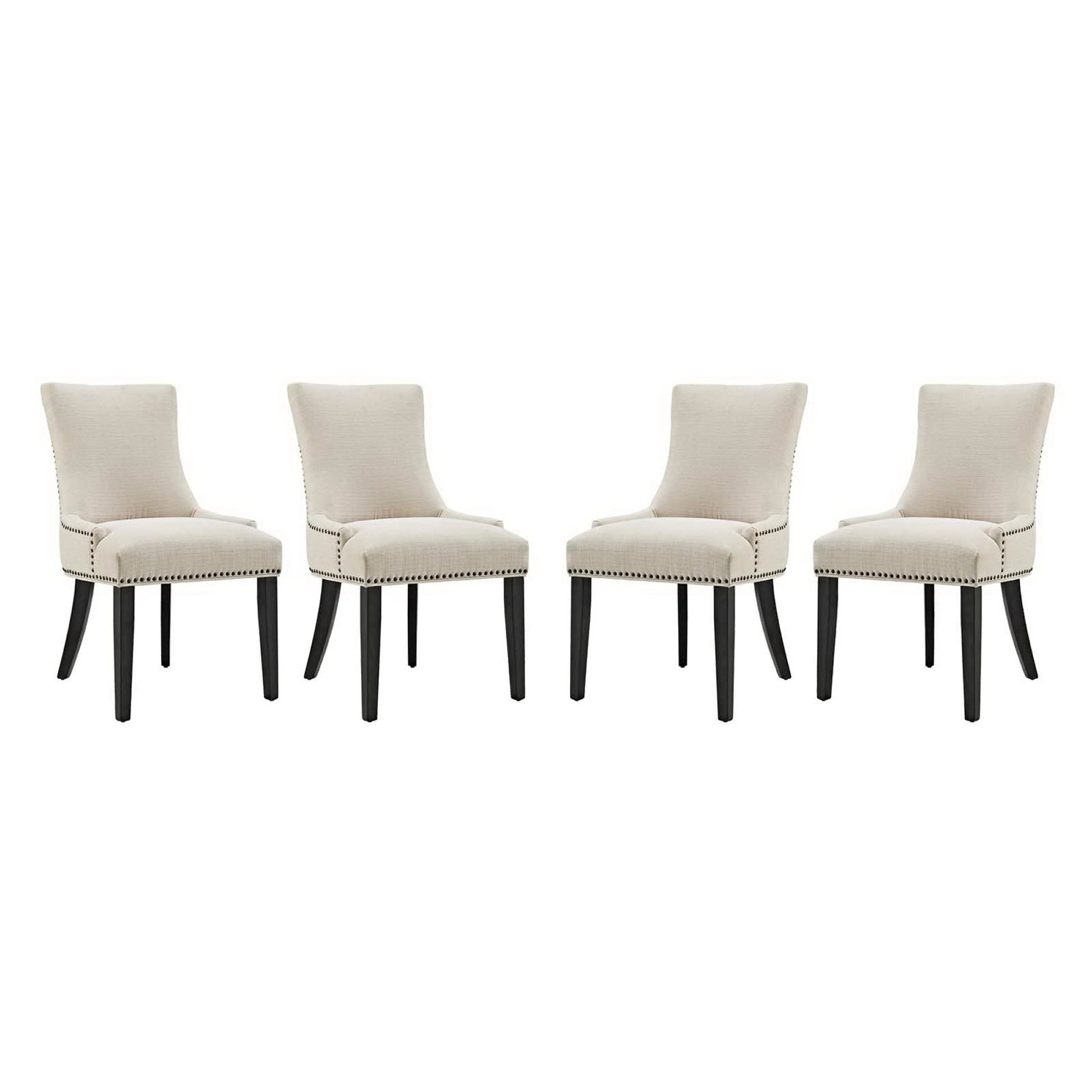 Set of four brown upholstered dining chairs with curved backs, nailhead trim, and dark wood tapered legs.