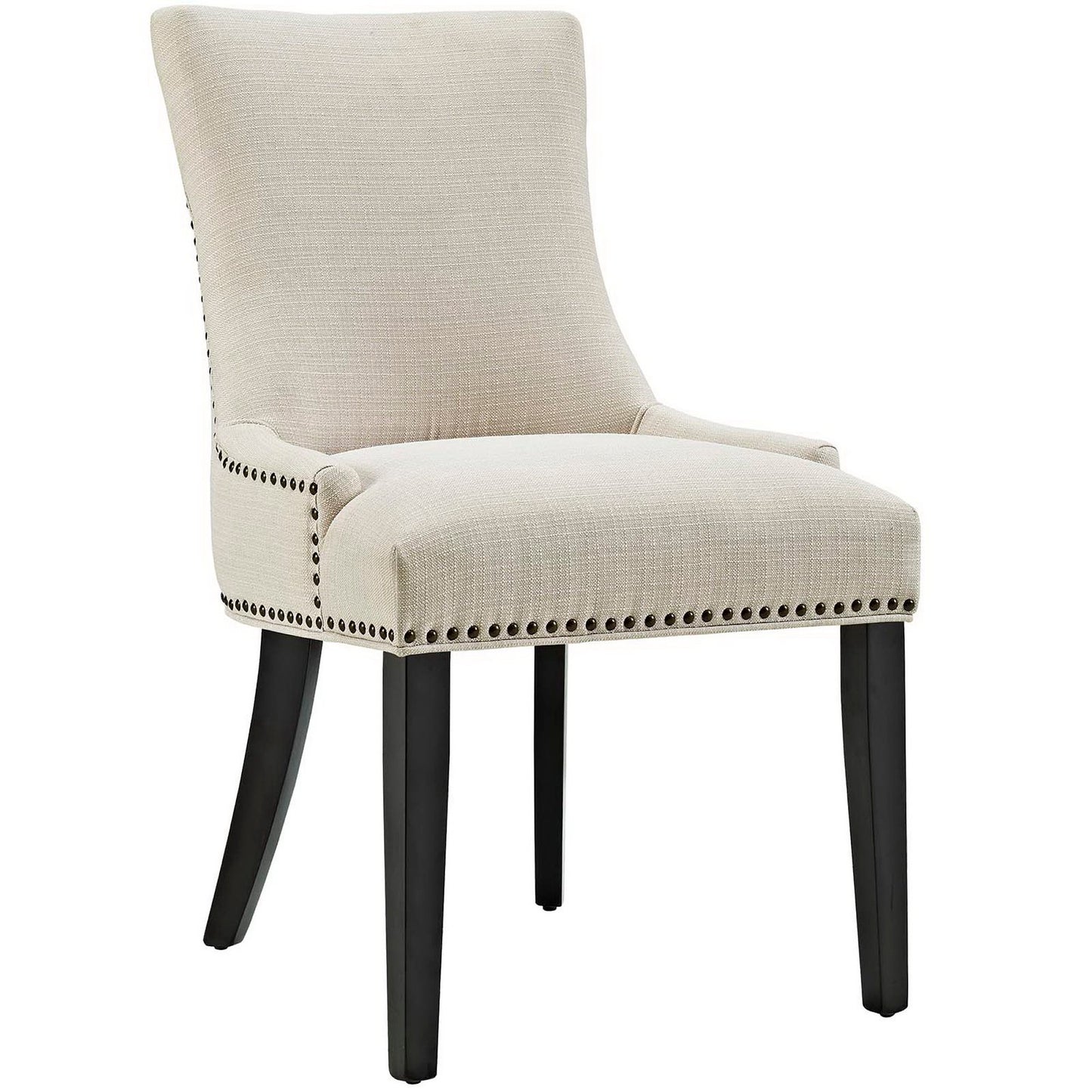 Brown fabric dining chair with a tall curved back, nailhead trim along the edges, cushioned seat, and dark wood tapered legs.