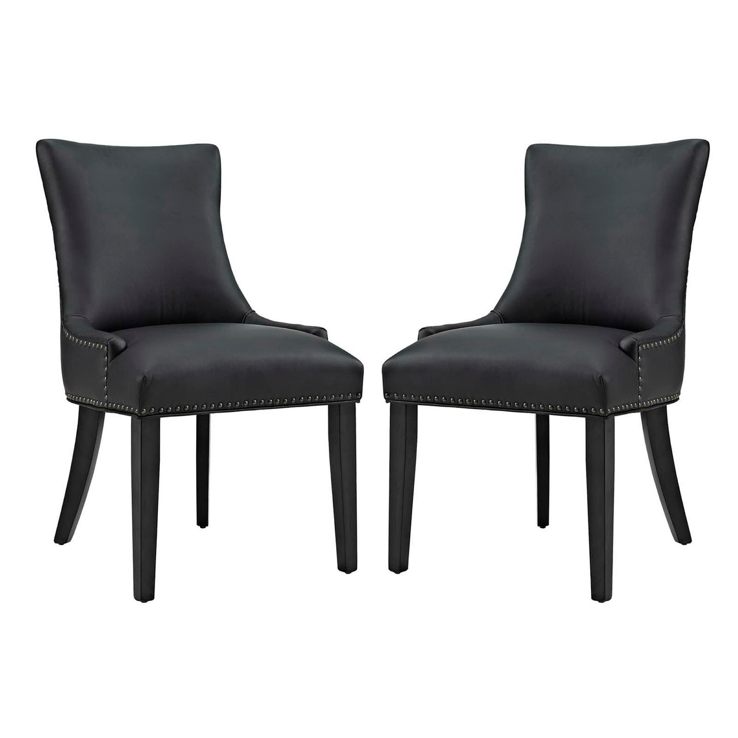 Pair of black faux-leather dining chairs with curved backs, nailhead trim, and dark wooden legs.