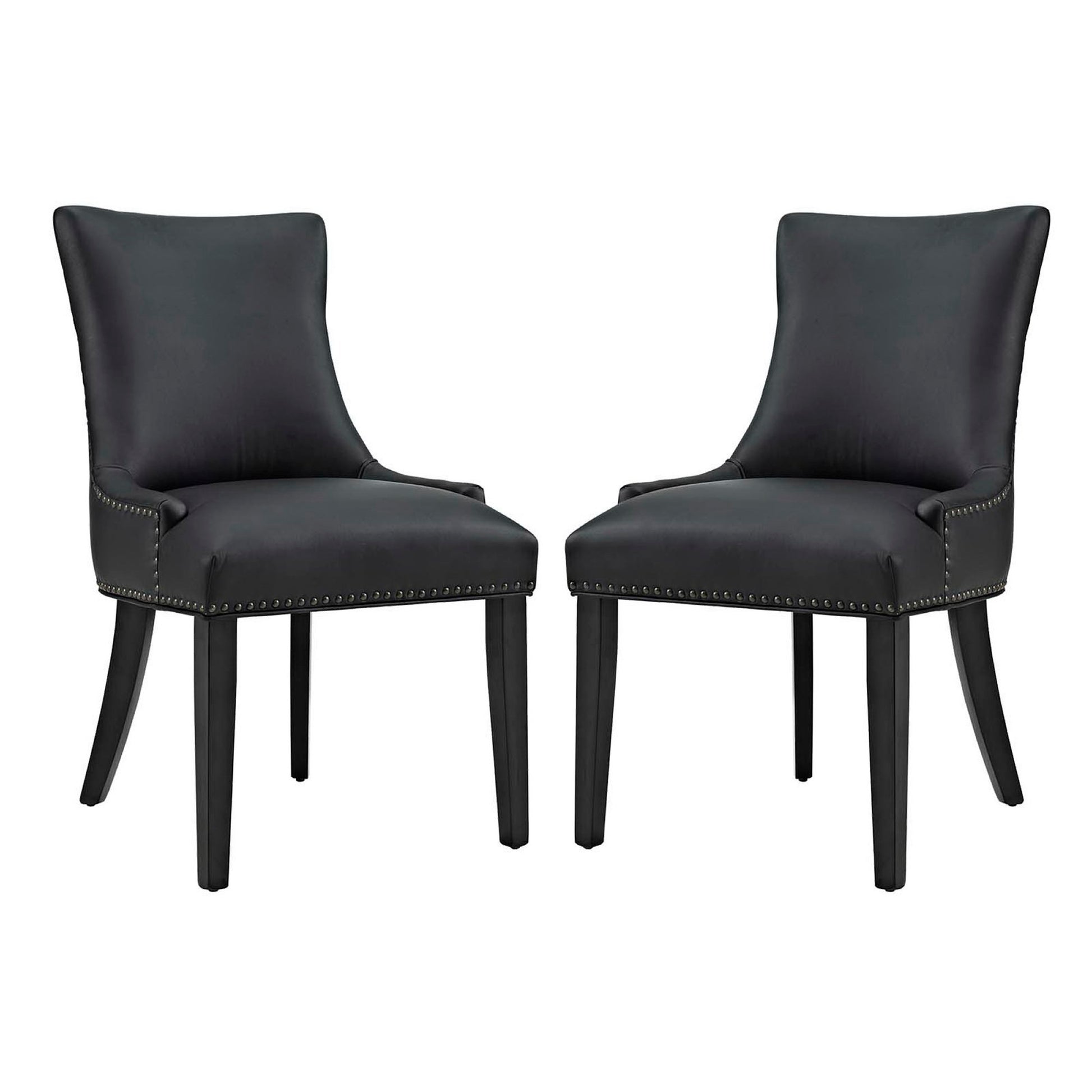Pair of black faux-leather dining chairs with curved backs, nailhead trim, and dark wooden legs.