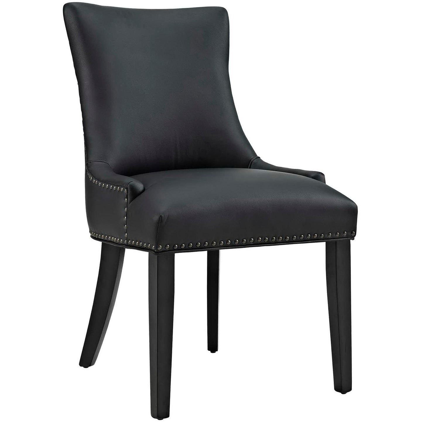 Black faux-leather dining chair with padded back and arms, nailhead trim, and tapered legs.