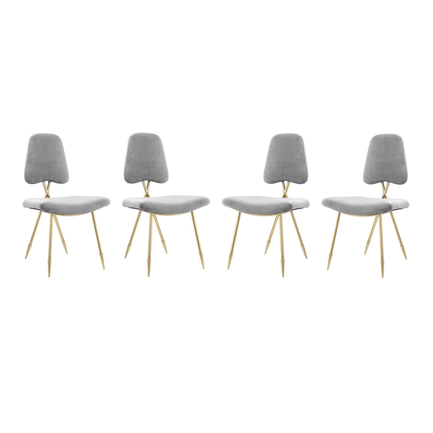 Four gray upholstered dining side chairs with curved backrests & gold-tone metal tripod legs, mid-century style.