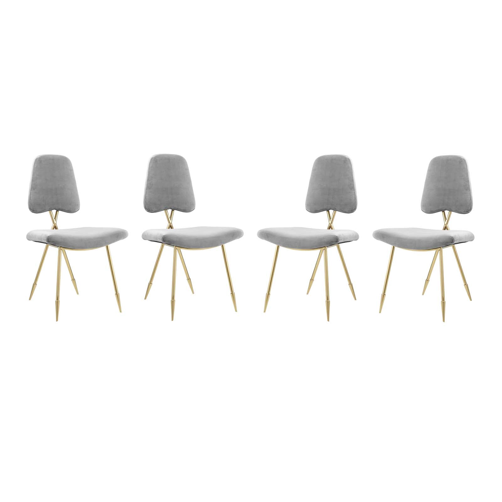 Four gray upholstered dining side chairs with curved backrests & gold-tone metal tripod legs, mid-century style.