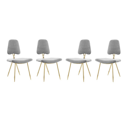 Four gray upholstered dining side chairs with curved backrests & gold-tone metal tripod legs, mid-century style.