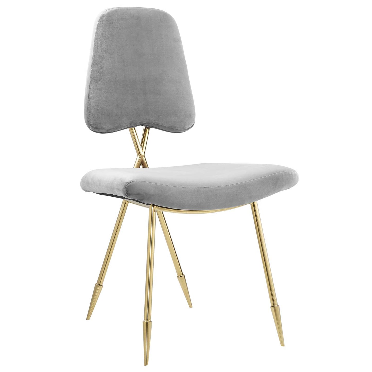 Gray velvet dining side chair with padded curved back, cushioned seat, & gold metal tapered legs — set of 4