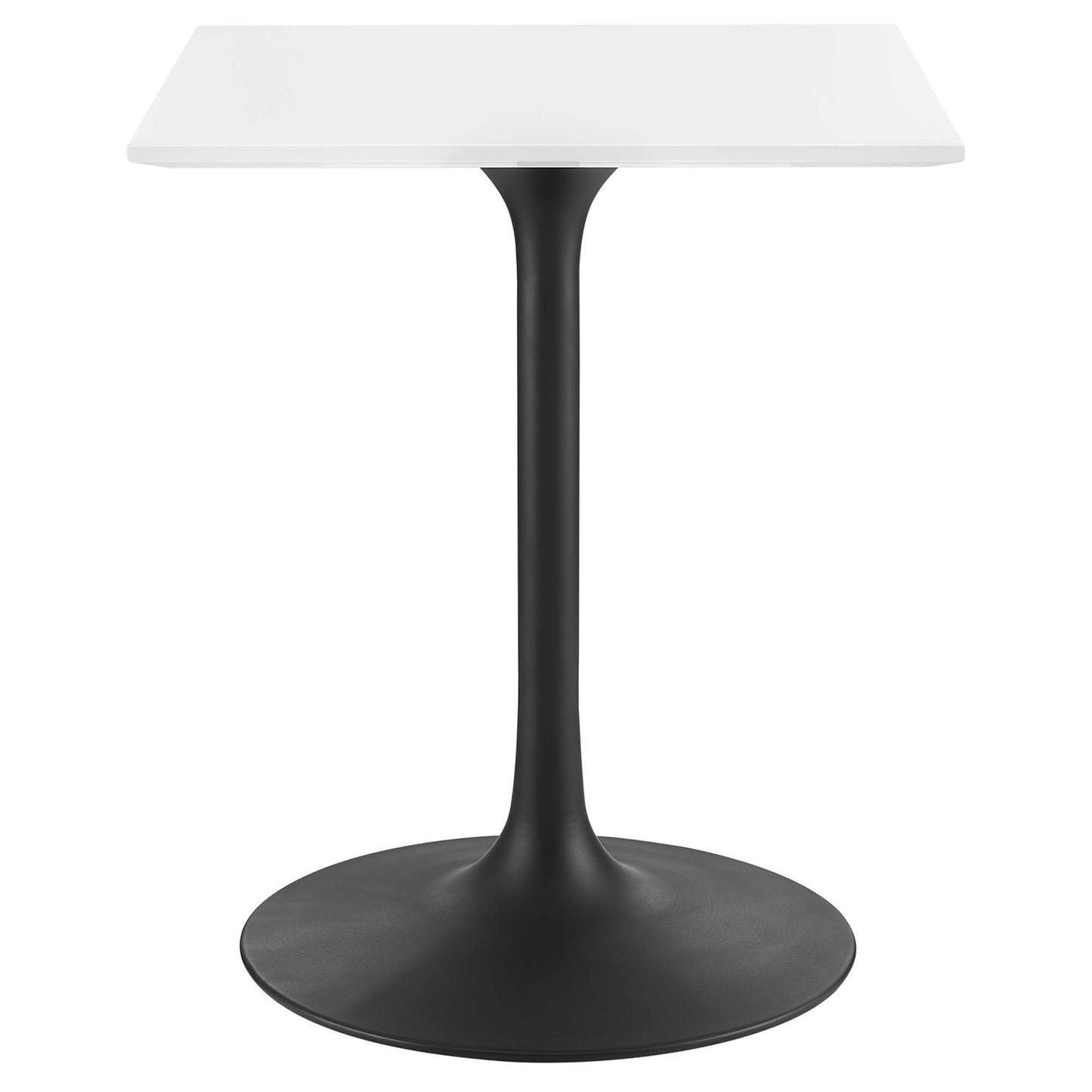 White 24" square-top pedestal dining table with a black curved stem and round base.
