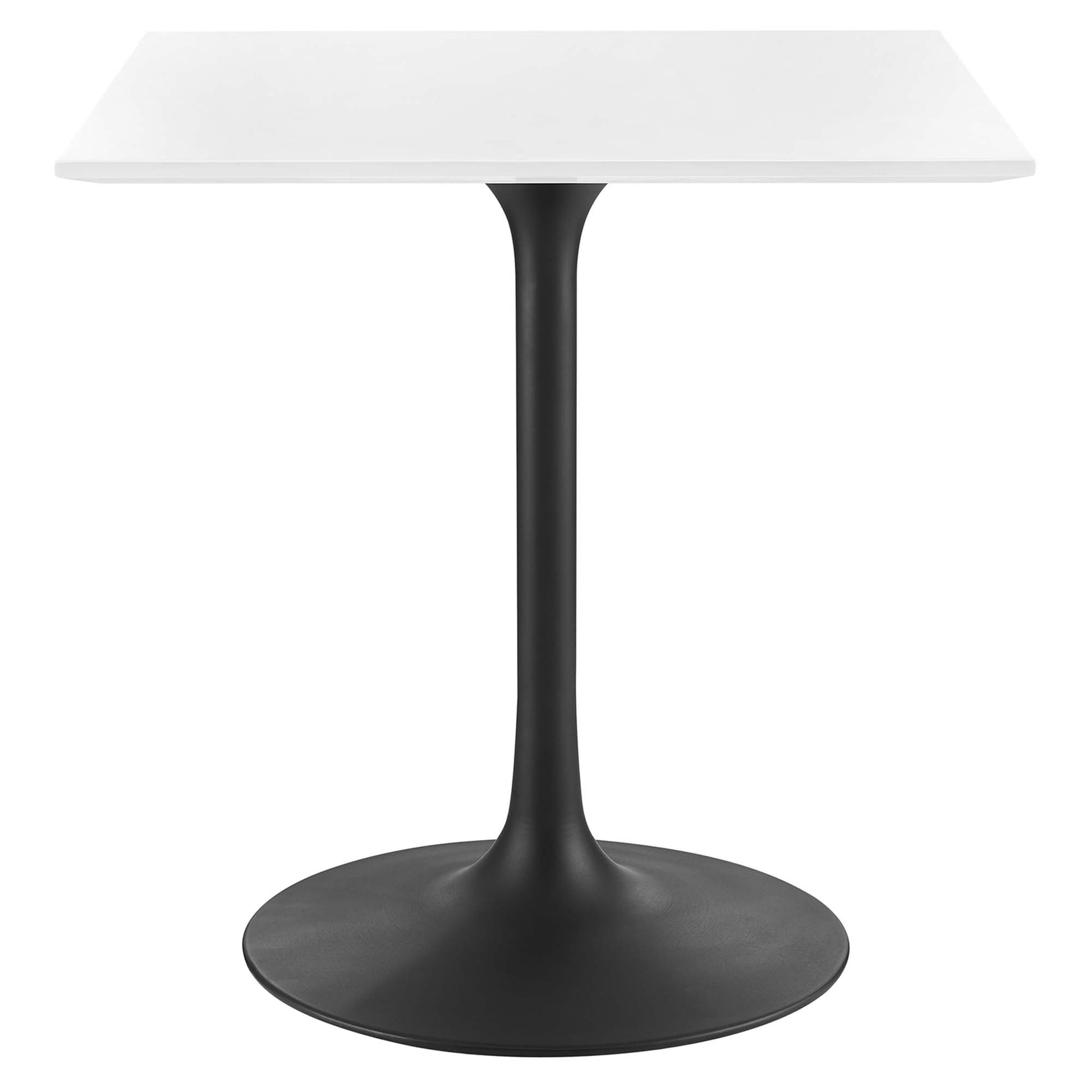 White square tabletop on a black pedestal stem with round base; modern minimalist dining table.