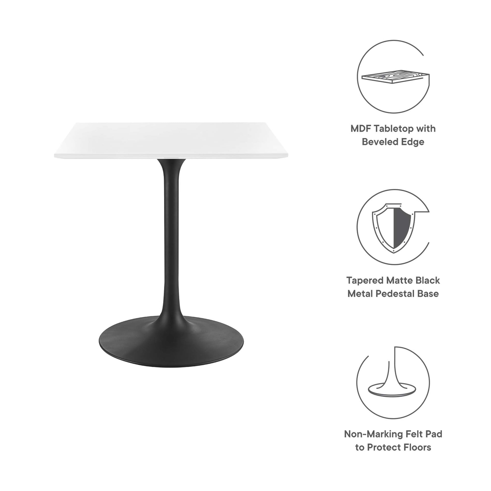 White square wood dining table with a smooth tabletop and sturdy legs.