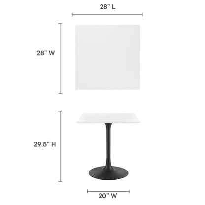 White 28x28 square wood dining table with a black pedestal stem and round base.