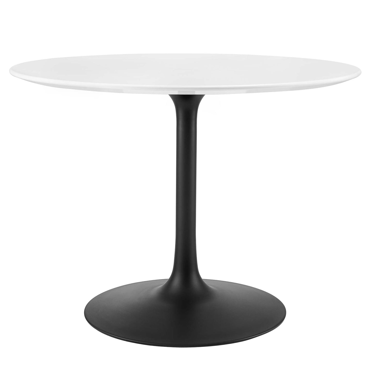 Round wood tabletop on a black tulip-style pedestal base, minimalist modern dining table.