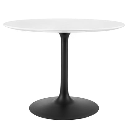 Round wood tabletop on a black tulip-style pedestal base, minimalist modern dining table.