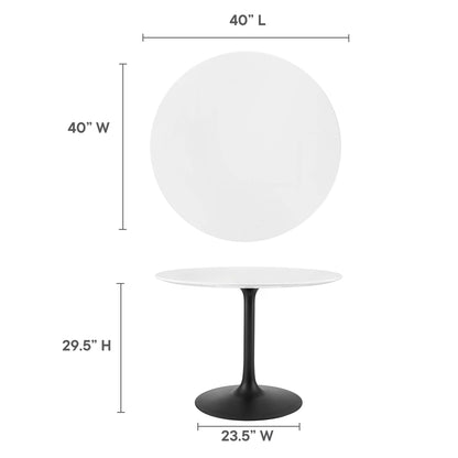Round white dining tabletop on black pedestal base; 40” diameter, 29.5” high, base width 23.5”.