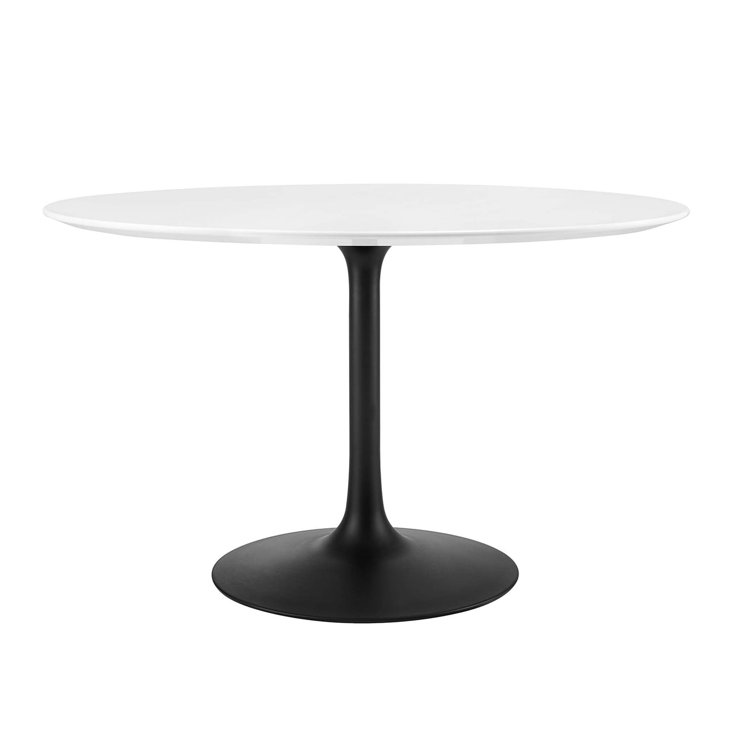 White round wood dining table with black tulip pedestal base