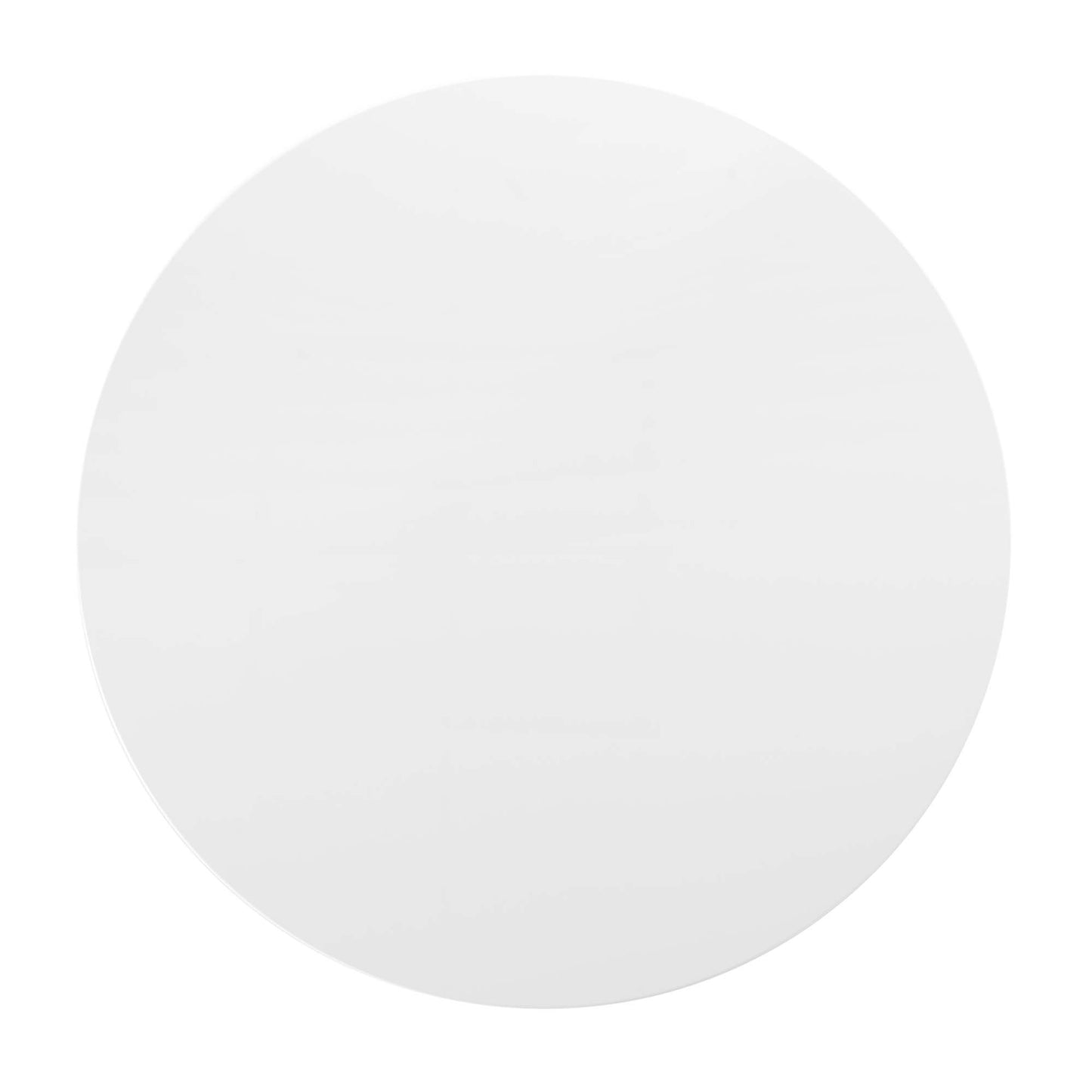 White round wood dining table with a smooth surface and minimalist design.