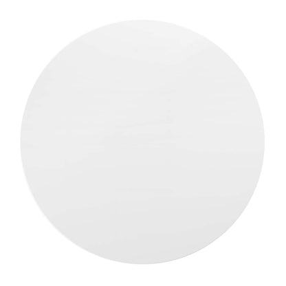 White round wood dining table with a smooth surface and minimalist design.