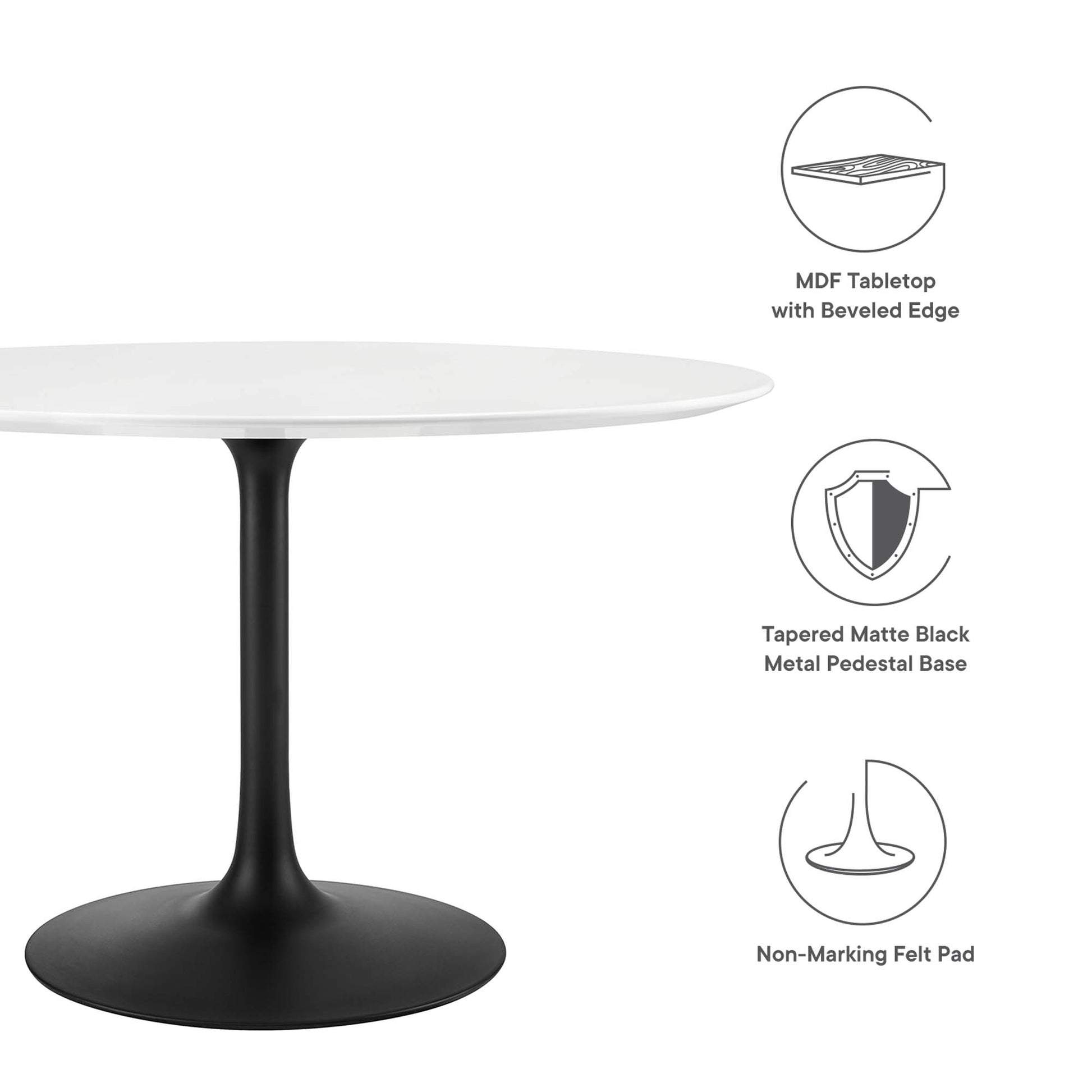 Round white wood dining table with beveled edge on a tapered matte black metal pedestal base with non-marking felt pad.