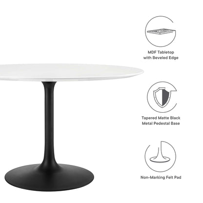 Round white wood dining table with beveled edge on a tapered matte black metal pedestal base with non-marking felt pad.