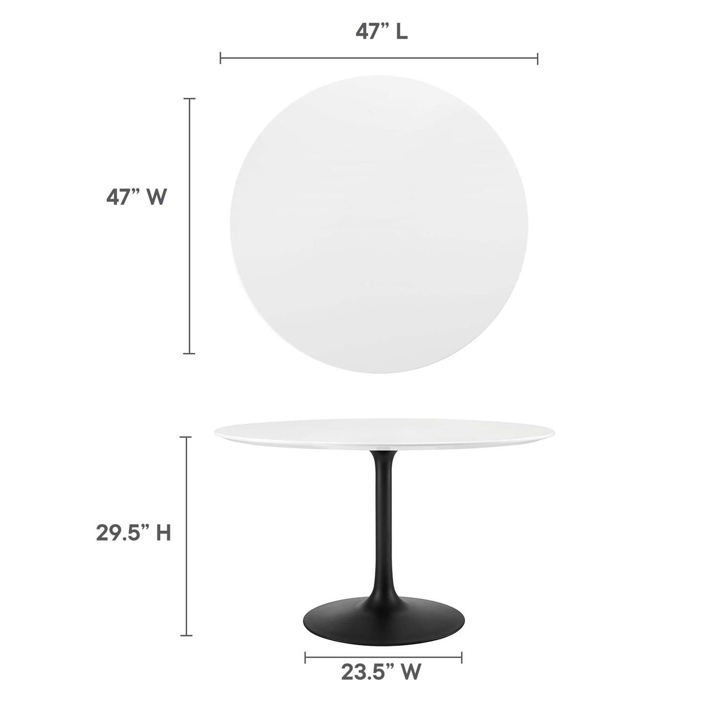White round wood dining table with a black pedestal base; modern minimalist.