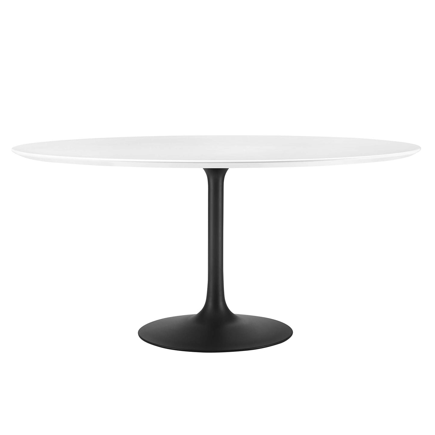 Round white tabletop on black tulip-style pedestal base, modern dining table.