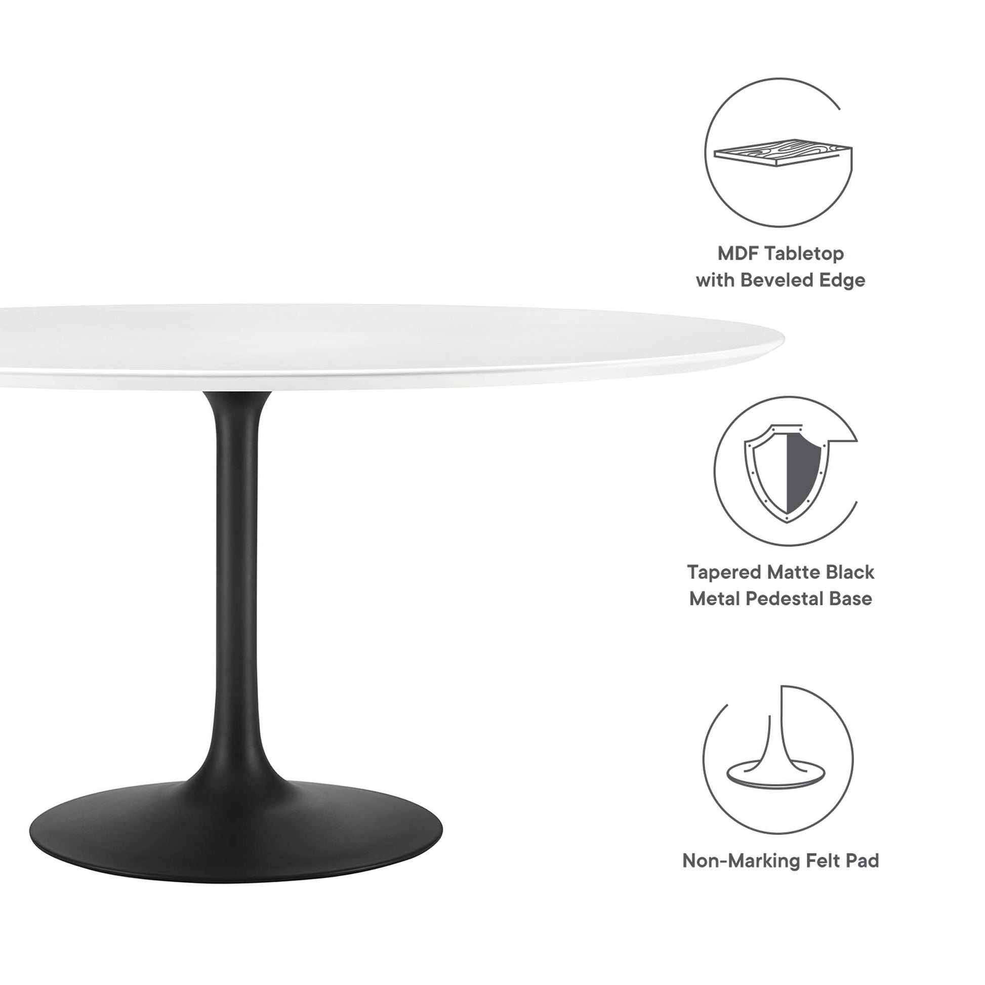 Round white wood dining table with a beveled edge on a matte black tapered pedestal base with a non-marking felt pad.