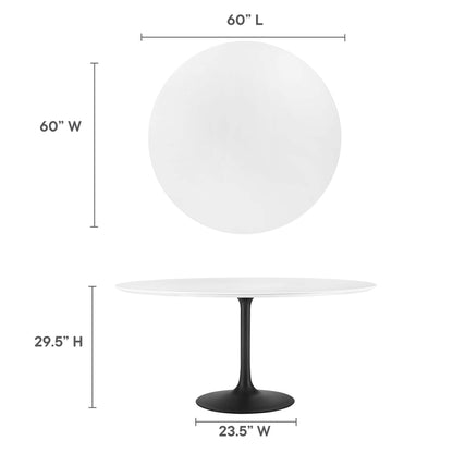 60-inch white round tabletop with black pedestal base; 29.5 inches tall, modern dining table.