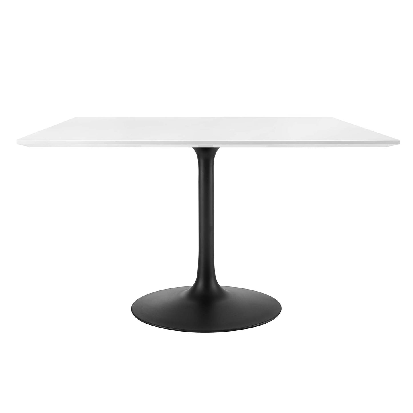 White square wood dining table with a black tulip-style pedestal and round base.