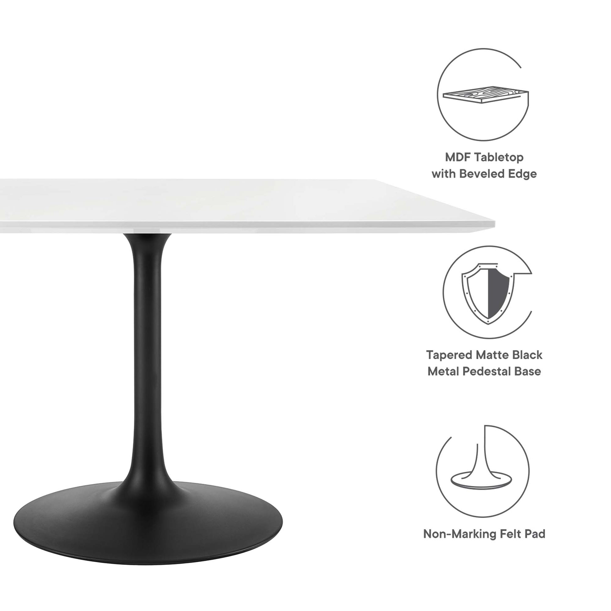 White square wood dining table with a beveled-edge top on a black tapered matte pedestal base with non-marking felt pads.