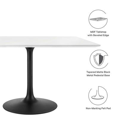 White square wood dining table with a beveled-edge top on a black tapered matte pedestal base with non-marking felt pads.
