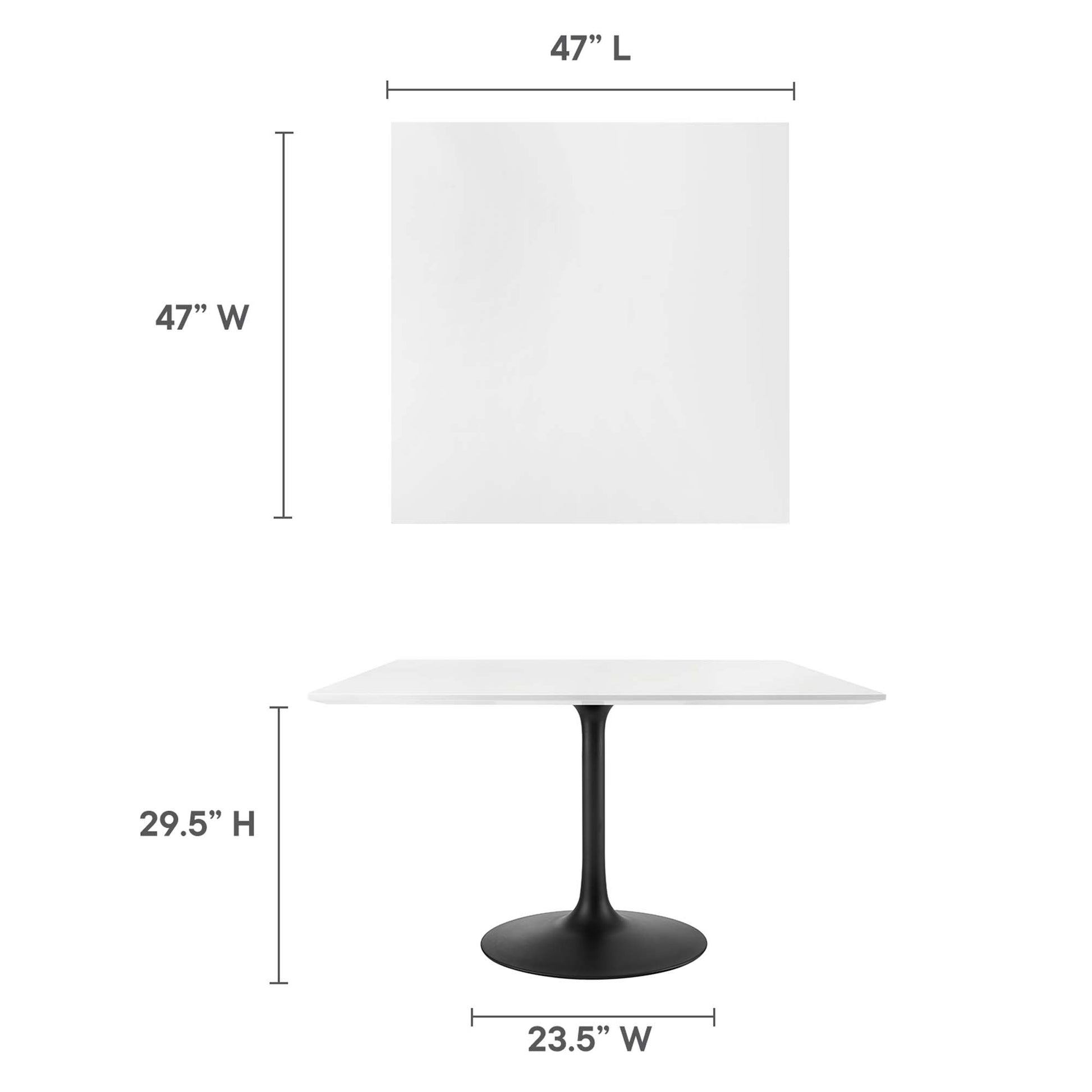 White square 47x47 in tabletop on a black pedestal base; modern dining table, 29.5 in high.