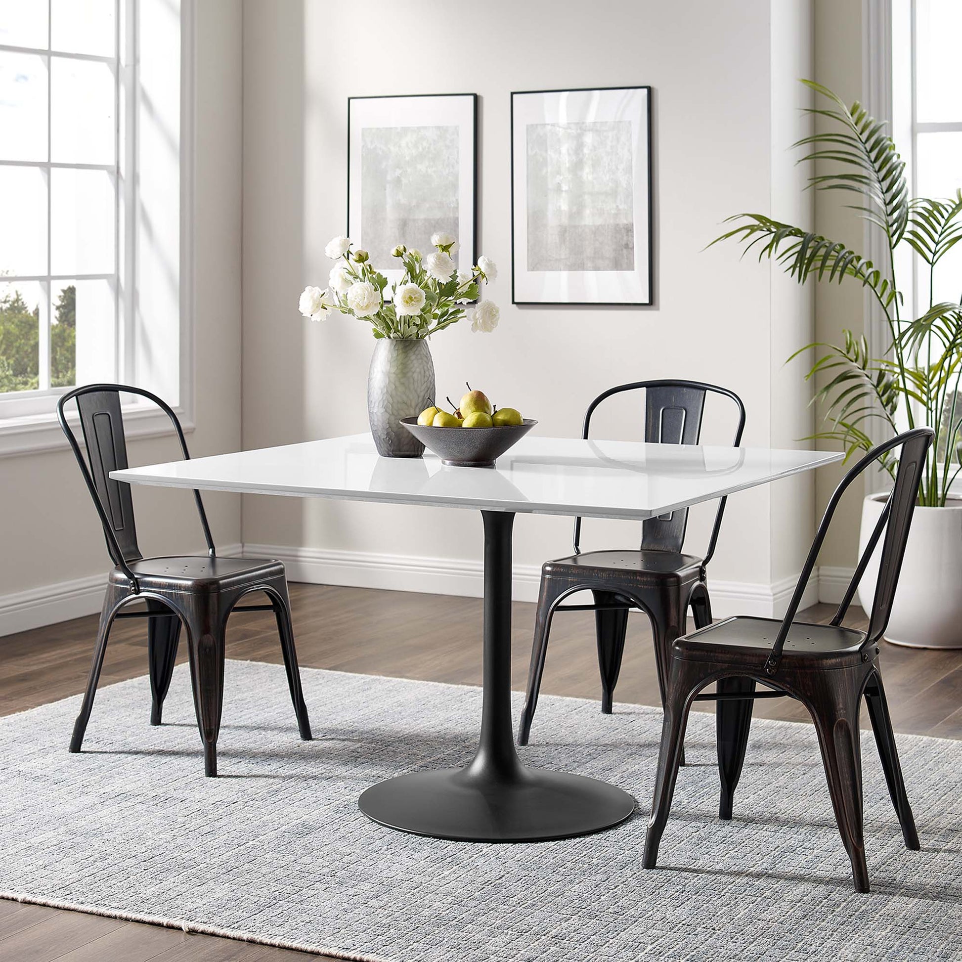 White 48-inch square wood dining table.