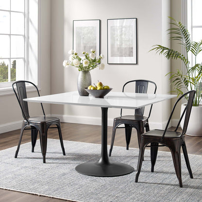 White 48-inch square wood dining table.