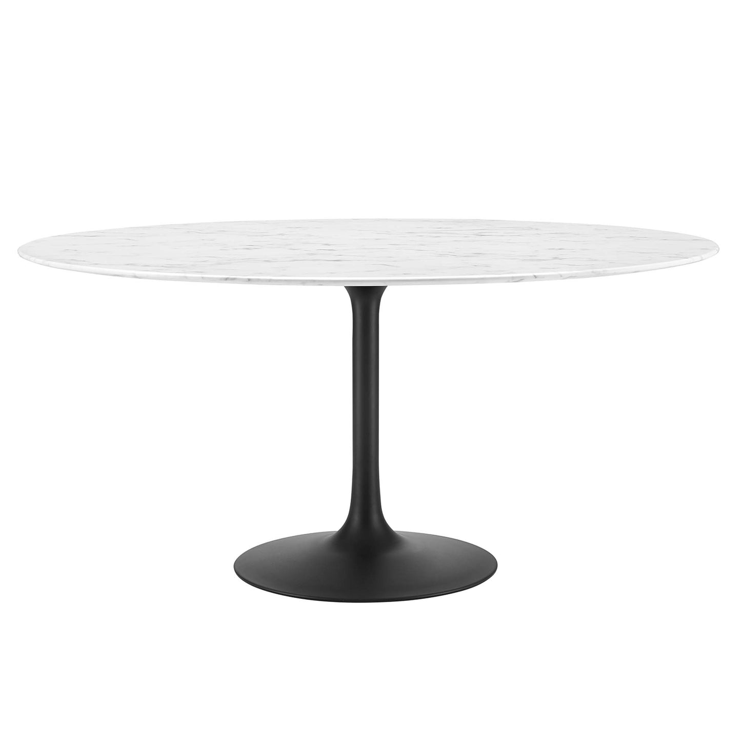 60-inch round faux marble tabletop in white on a black tulip-style pedestal base, modern dining table.