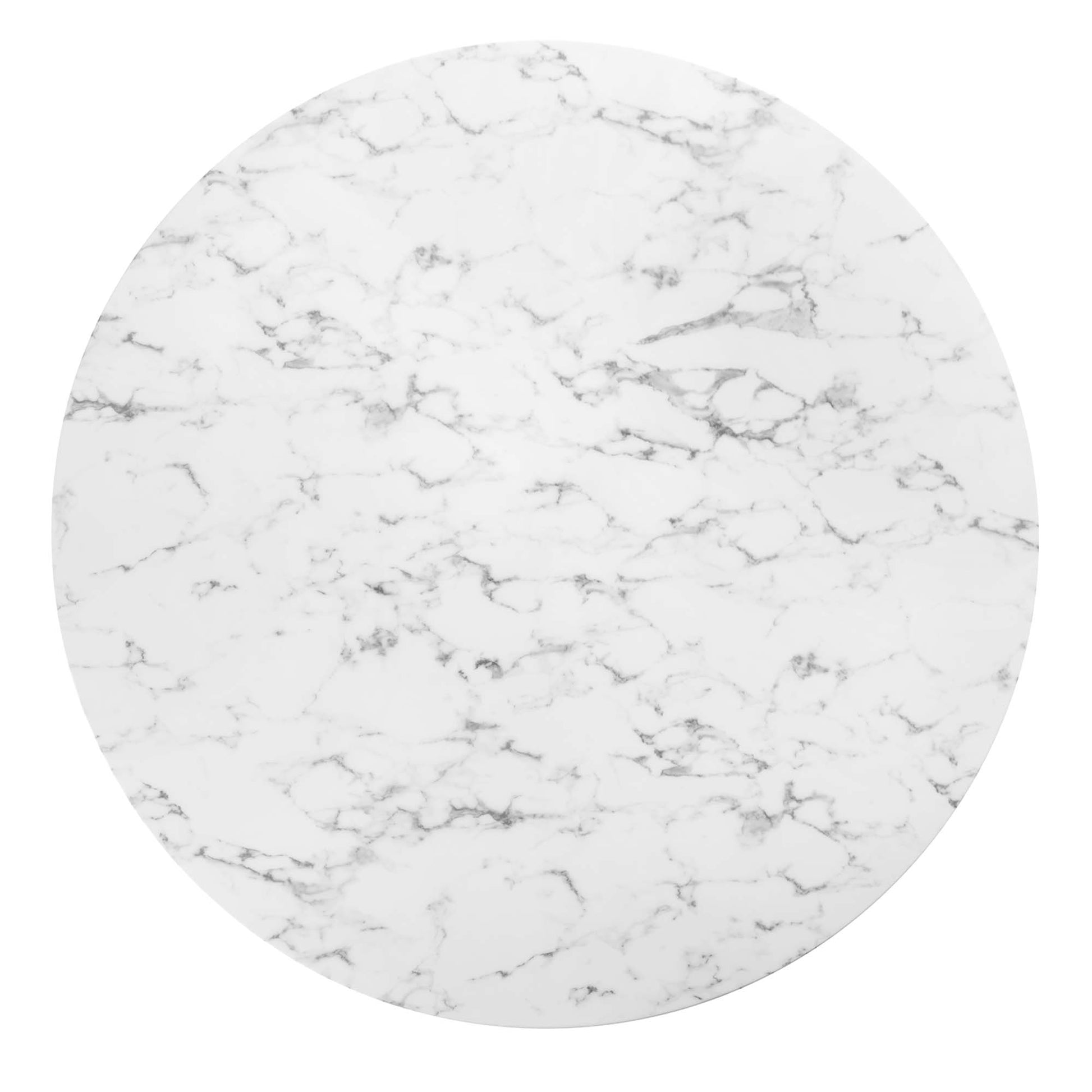 Round white faux-marble texture with subtle gray veining, circular surface.