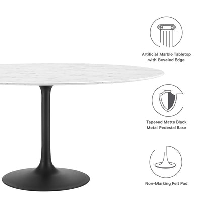 Round artificial marble tabletop with beveled edge on a tapered matte black pedestal base with non-marking felt pad.