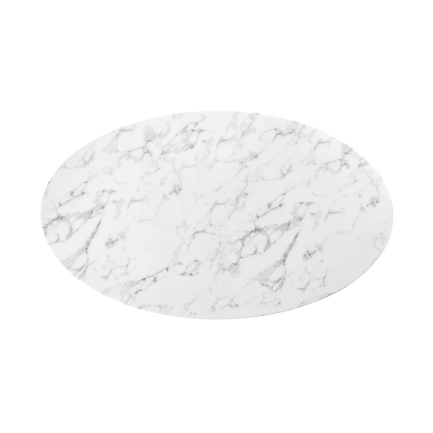60" oval faux marble dining table, white with gray veining.