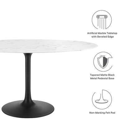 Oval white faux marble tabletop with beveled edge on a black tapered pedestal with round base; non-marking felt pad.
