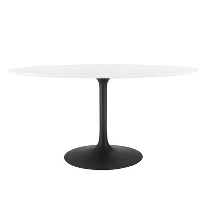 White oval wood dining table with a black pedestal base, modern minimalist dining or accent table.
