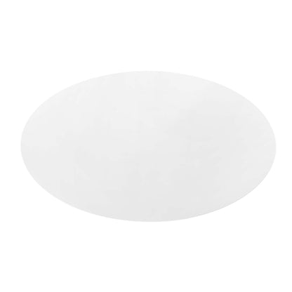 White oval wood dining table with a smooth finish.