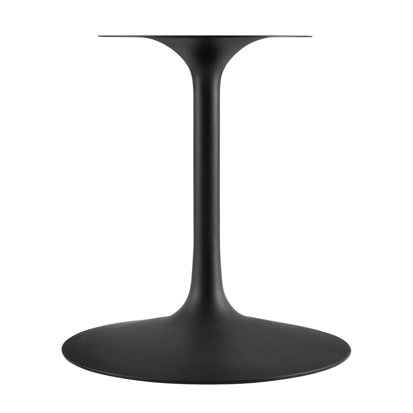 Black modern pedestal table with a slim central stem and wide circular base; thin round tabletop edge.