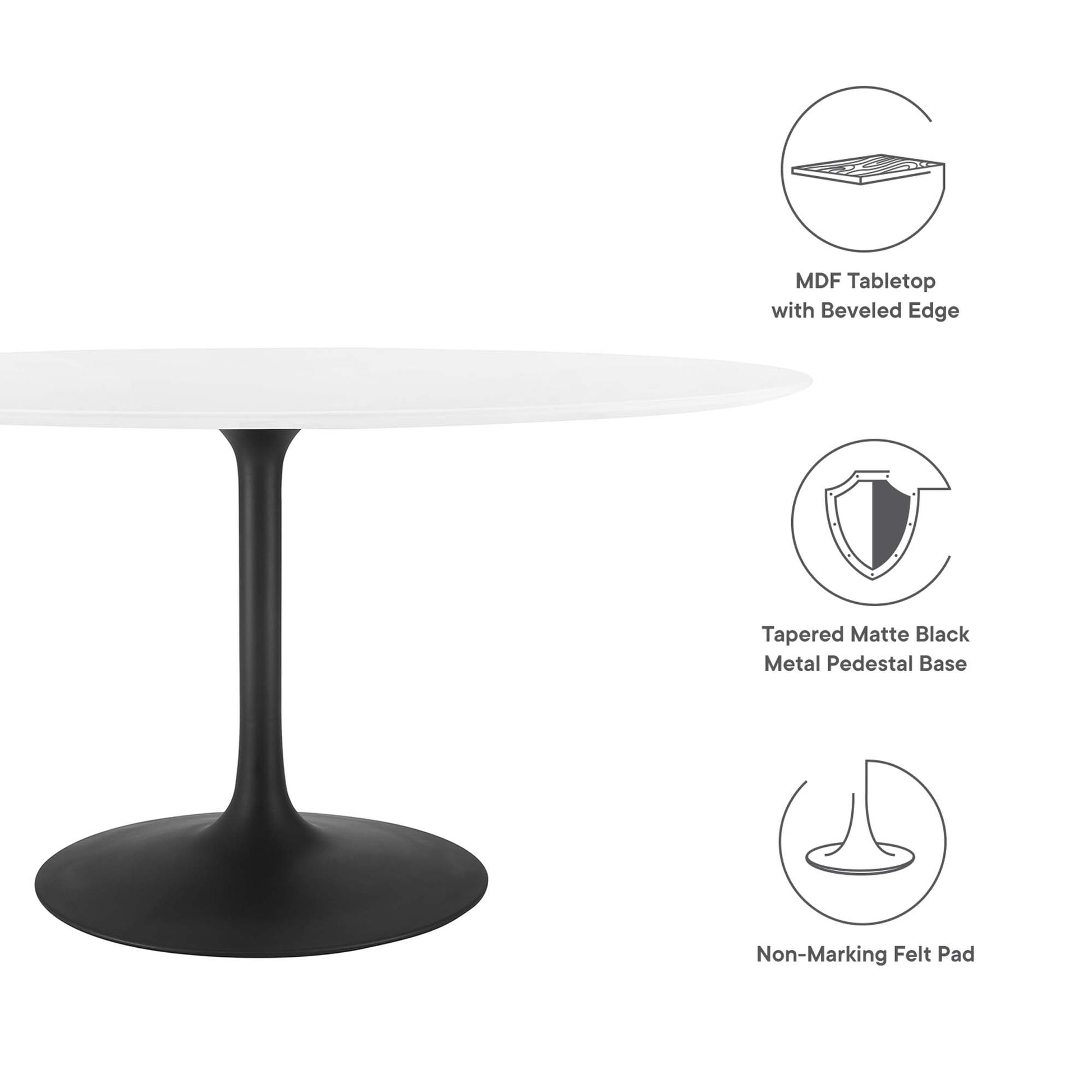 Oval white wood dining table with a beveled edge on a tapered matte black metal pedestal base; non-marking felt pads.