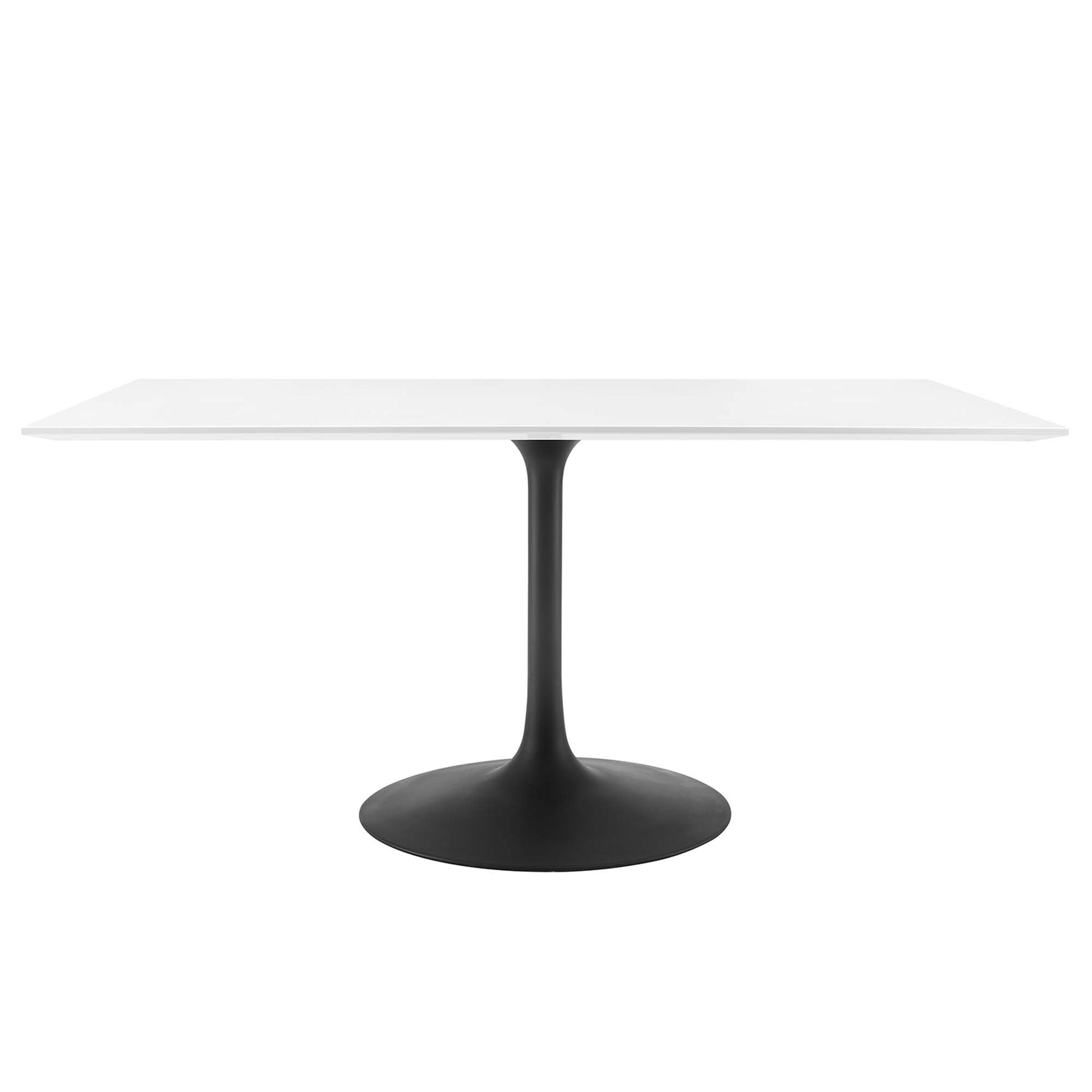 White rectangular dining table on top of a black tulip-style pedestal with a round base.