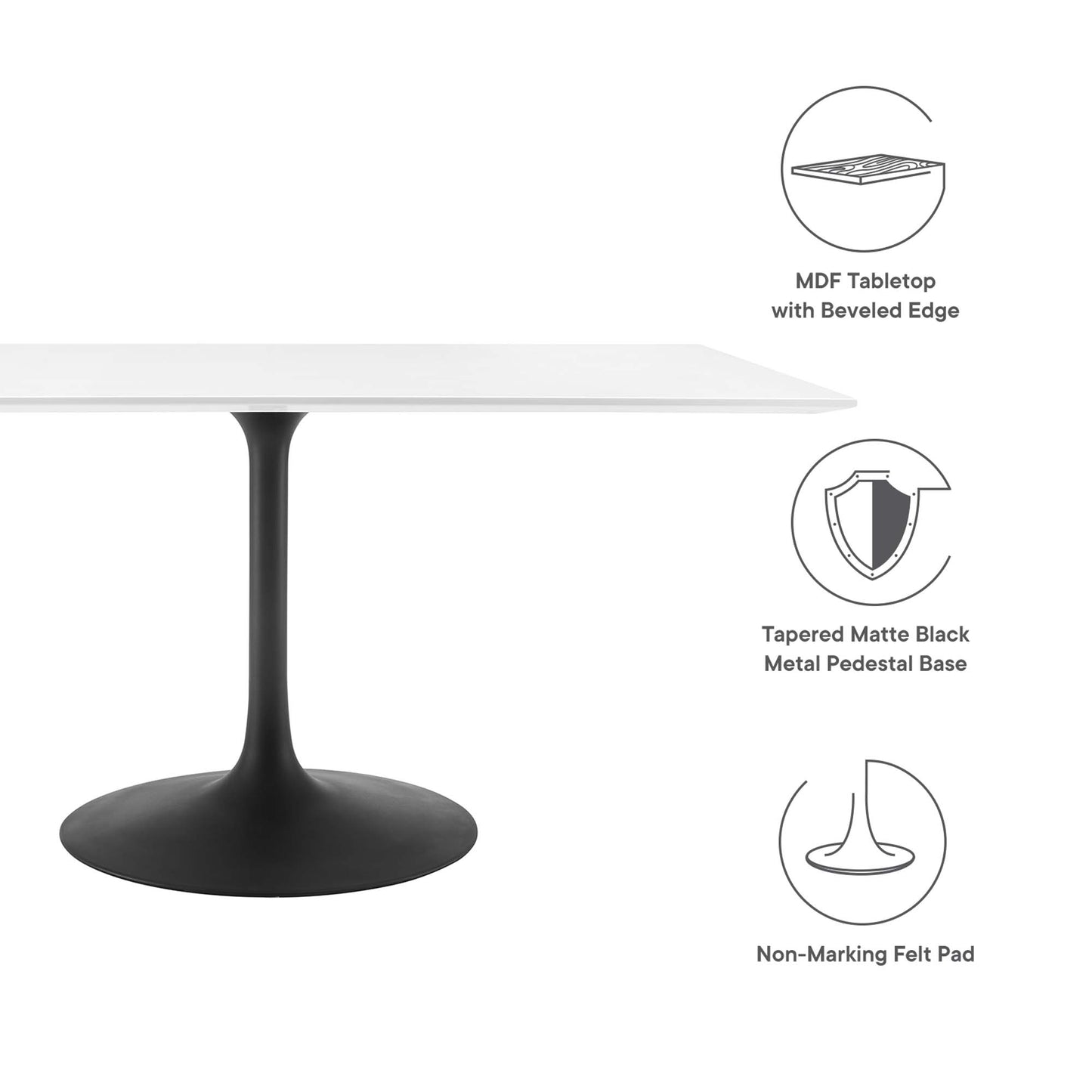 White wood tabletop with beveled edge on a matte black tapered pedestal base with a non-marking felt pad.