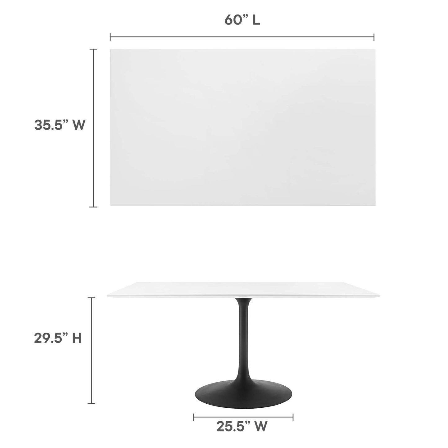Rectangular white tabletop atop a black pedestal with round base; modern dining table, 60 in L x 35.5 in W x 29.5 in H.