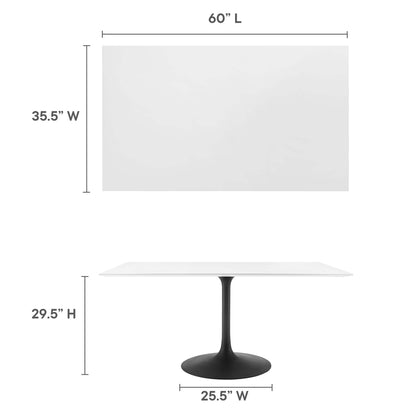 Rectangular white tabletop atop a black pedestal with round base; modern dining table, 60 in L x 35.5 in W x 29.5 in H.
