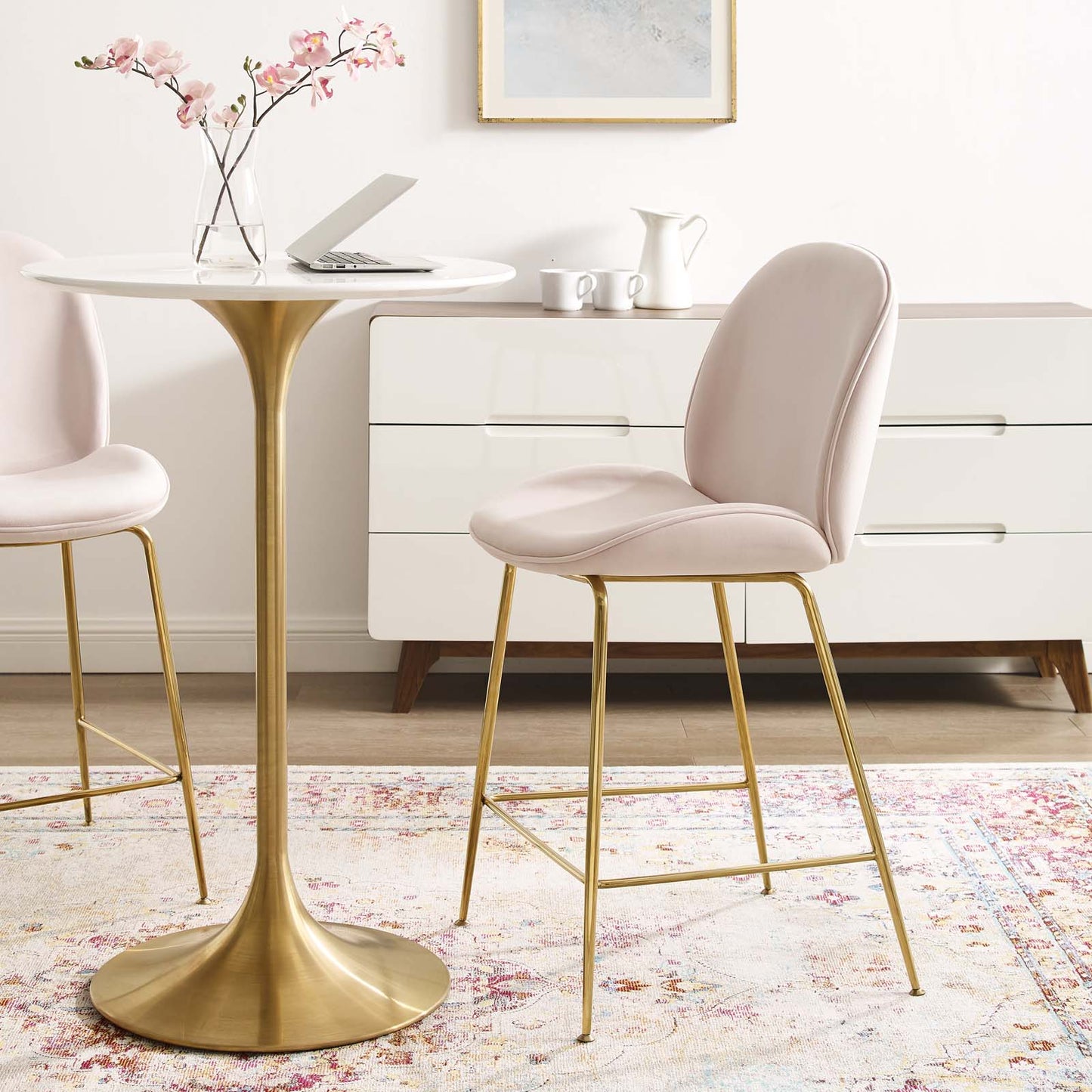 Modway Outlet Scoop Gold Stainless Steel Leg Performance Velvet Counter Stool by Modway  Bar and Dining Furniture Pink - EEI-3549-PNK