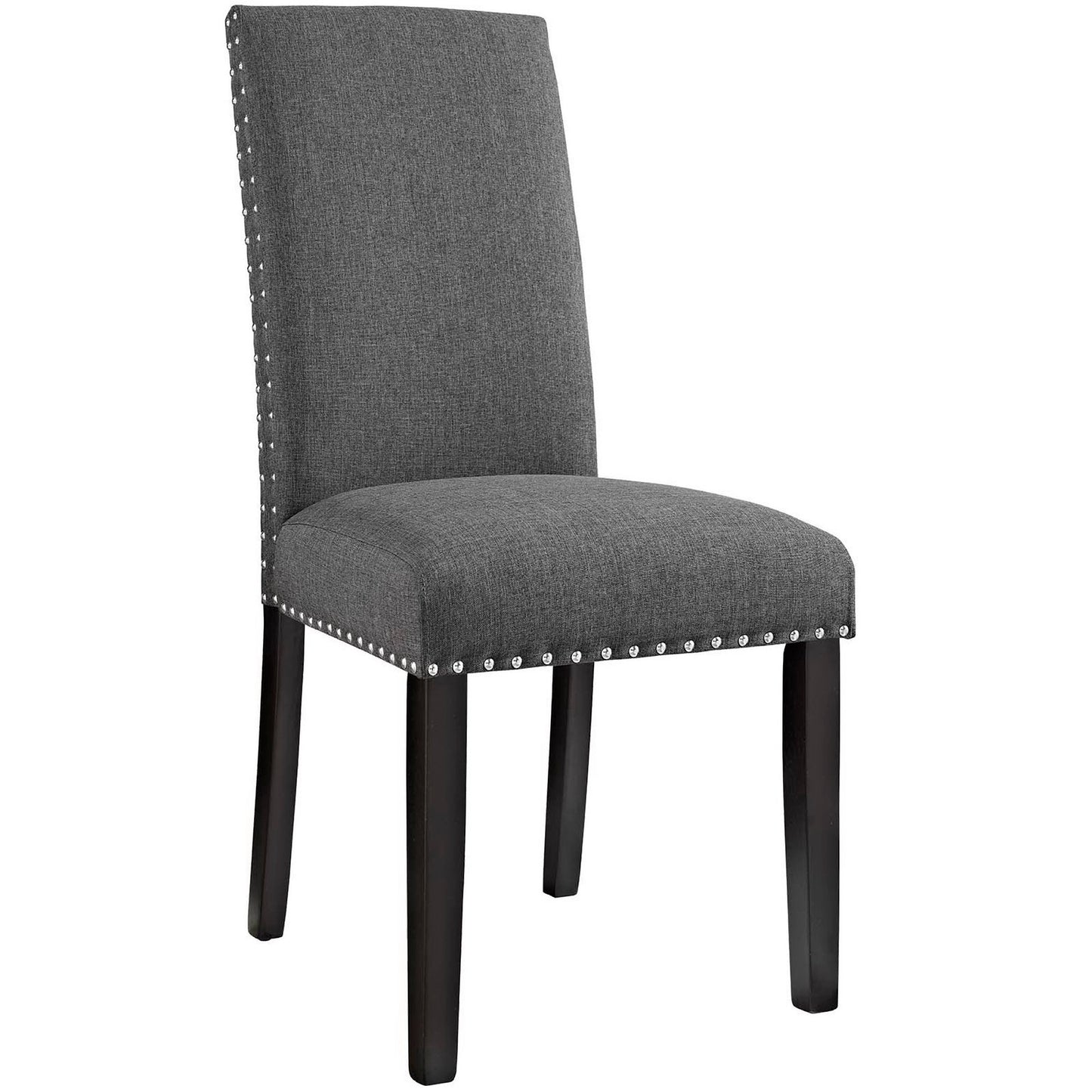 Grey upholstered dining side chair set of 2 with tall back, nailhead trim, and dark wood legs; versatile modern style.
