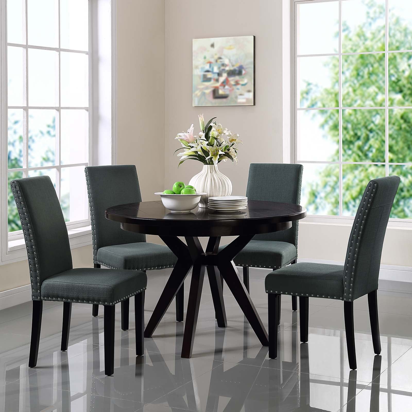 Set of 4 gray fabric dining side chairs.