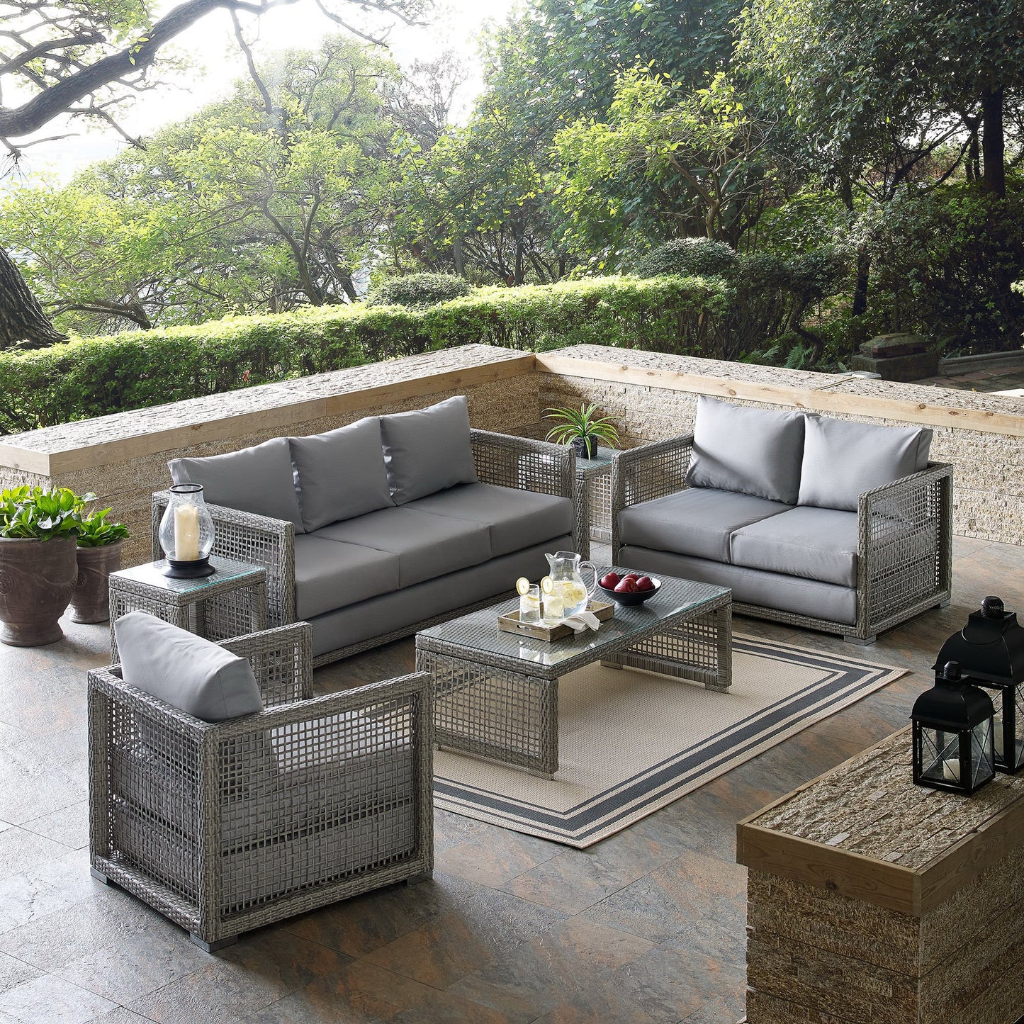 Modway - Aura 6 Piece Outdoor Patio Wicker Rattan Set by Modway  Outdoor Furniture Sofa Sectionals Gray - EEI-3559-GRY-GRY-SET